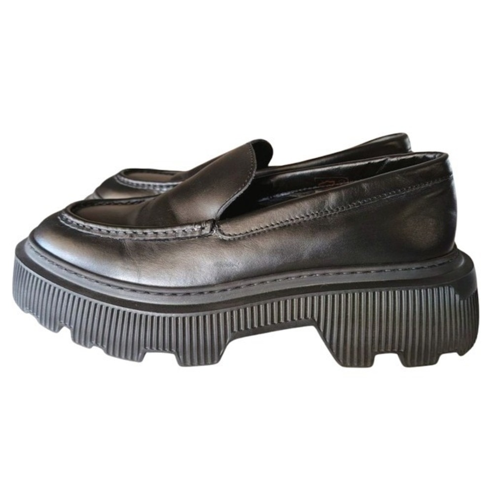 LÄST Black Leather Platform Loafers Chunky Lug Sole‎ Slip On Shoes Size 38